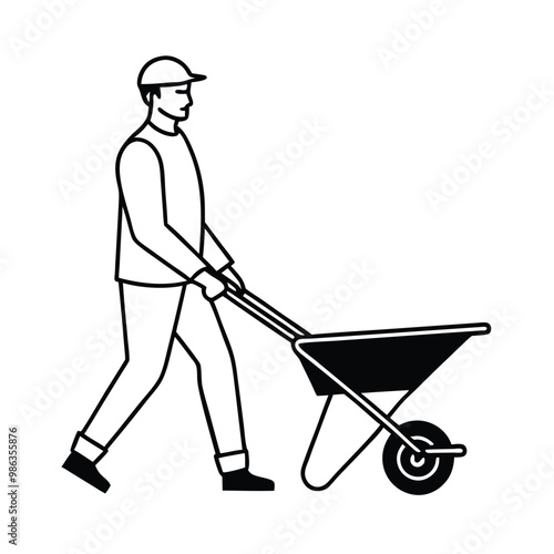 a man carrying a construction wheelbarrow, line art vector, on a white background