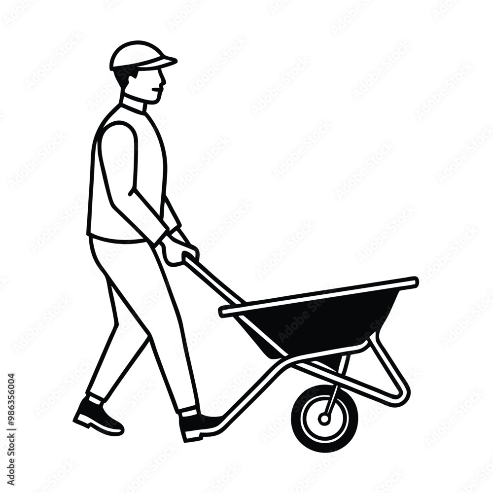 a man carrying a construction wheelbarrow, line art vector, on a white background a man carrying a construction wheelbarrow, line art vector, on a white background