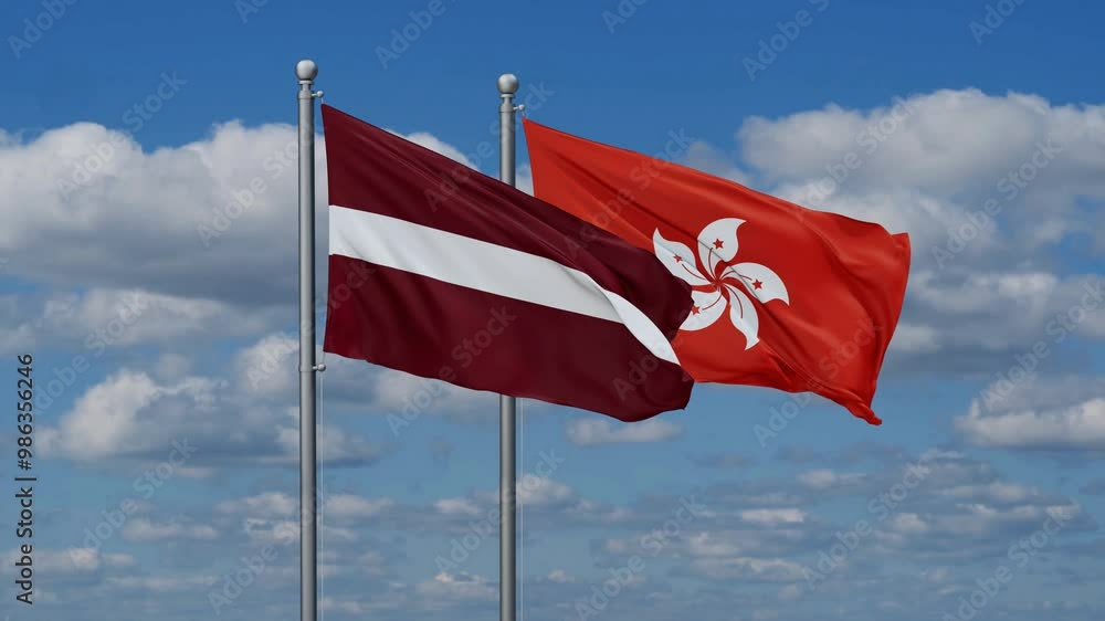 Hong Kong and Latvia flags flying together, video concept of the relationship, two country relations concept Hong Kong and Latvia flags flying together, video concept of the relationship, two country relations concept