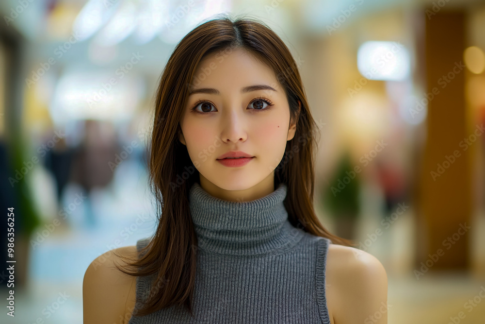 A beautiful Japanese woman in her late thirties, wearing a grey sleeveless turtleneck sweater, A beautiful Japanese woman in her late thirties, wearing a grey sleeveless turtleneck sweater,