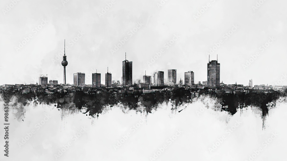 Obraz premium Mnchengladbach, Germany, black and white pen pencil hand-drawn effect drawing illustration for travel poster, card, wallpaper, backdrop or banner. Modern, clear, artistic and simple
