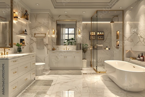 Hollywood Regency-style glam bathroom with marble floors and brass fixtures.