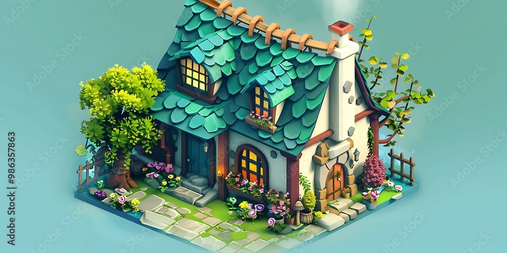 Cartoon Style House With Green Roof And Flowers Cartoon Style House With Green Roof And Flowers