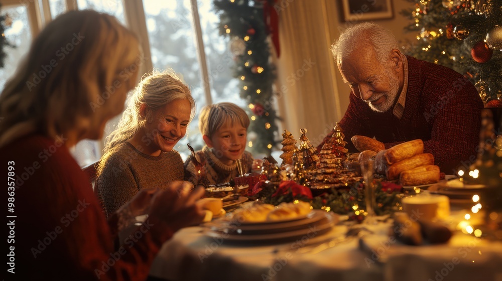 A festive family dinner during Christmas, filled with happiness and togetherness, spanning three generations of loved ones. A festive family dinner during Christmas, filled with happiness and togetherness, spanning three generations of loved ones.