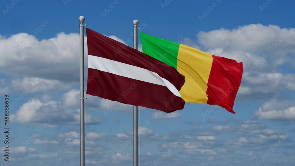 Mali and Latvia flags waving together, video concept of the relationship, two country relations concept Mali and Latvia flags waving together, video concept of the relationship, two country relations concept