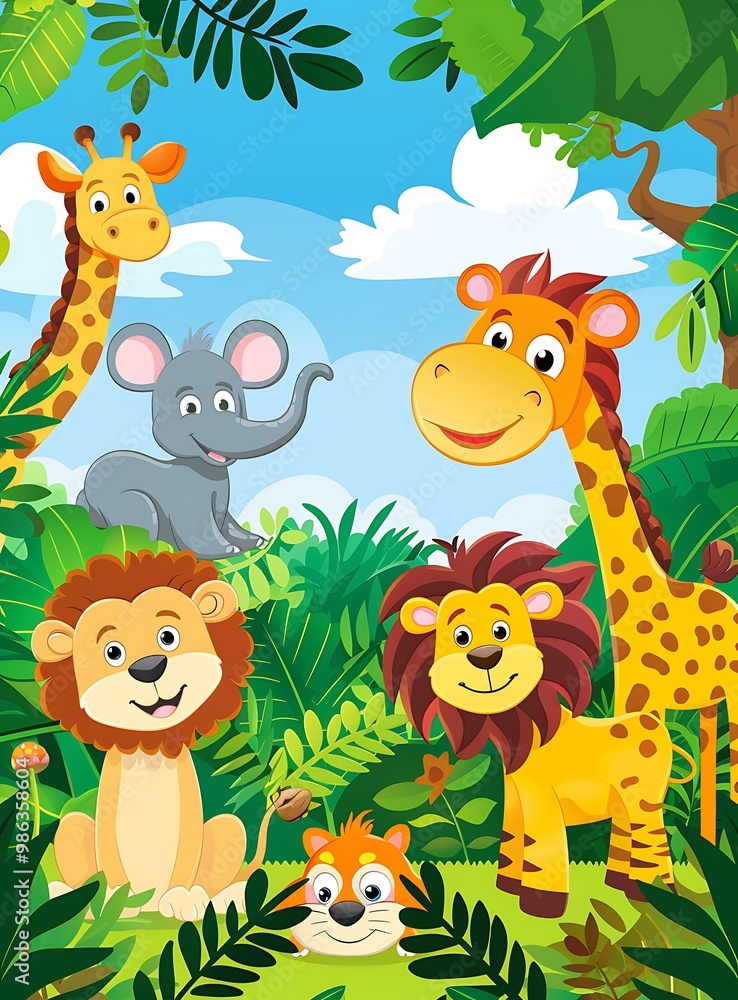 Naklejka premium Cute Cartoon Animals in the Jungle