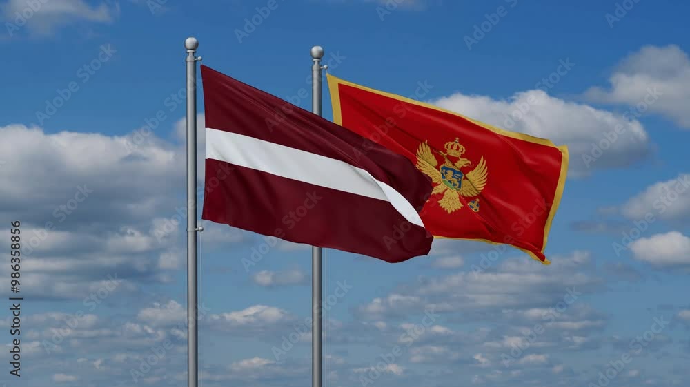Montenegro and Latvia flags flying together, video concept of the relationship, two country cooperation concept Montenegro and Latvia flags flying together, video concept of the relationship, two country cooperation concept