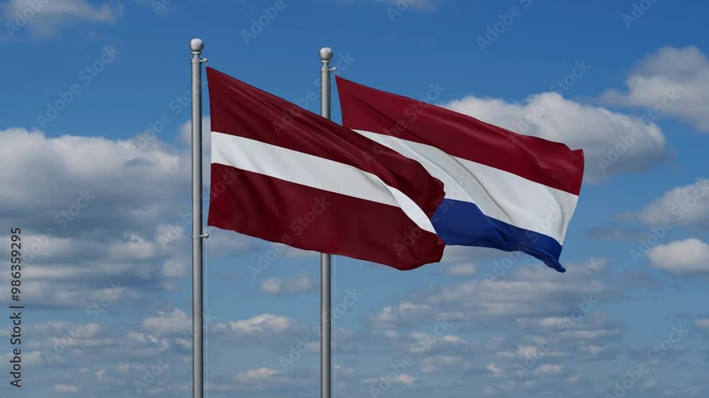 Netherlands and Latvia flags flying together, video concept of the relationship, two country relations concept Netherlands and Latvia flags flying together, video concept of the relationship, two country relations concept