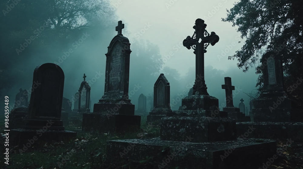Mist swirling around gravestones in a shadowy cemetery Mist swirling around gravestones in a shadowy cemetery