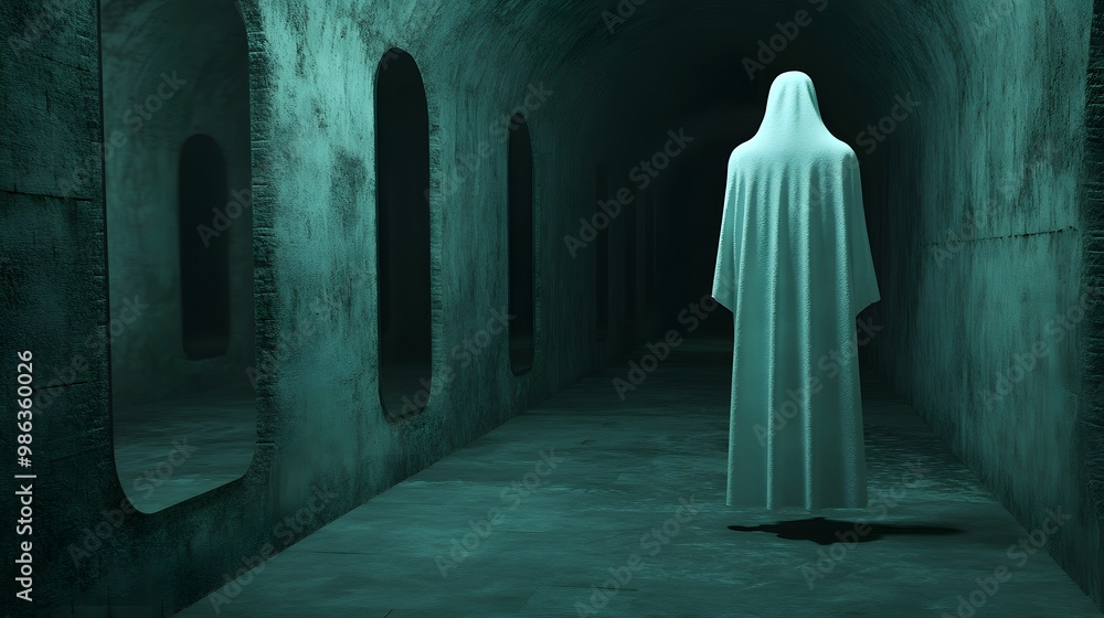 Naklejka premium A shadowy figure in a white cloak stands in a dark, eerie corridor with arches, evoking a mysterious and haunting atmosphere.