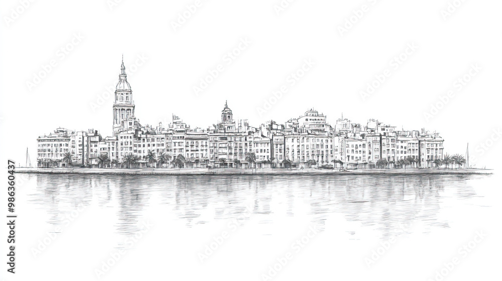 Fototapeta premium Montevideo, Uruguay, black and white pen pencil hand-drawn effect drawing illustration for travel poster, card, wallpaper, backdrop or banner. Modern, clear, artistic and simple
