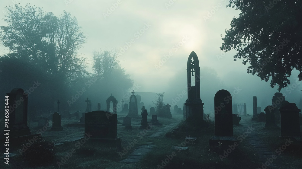 Eerie shadows stretching across a foggy graveyard Eerie shadows stretching across a foggy graveyard