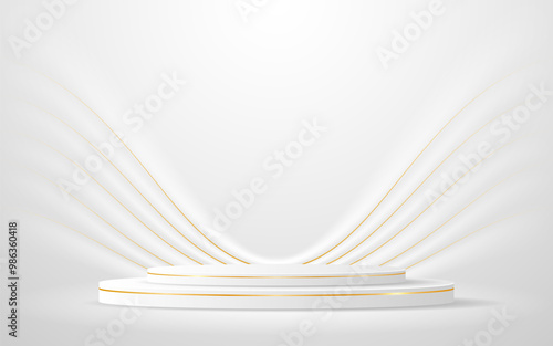 White podium with elegant gold lines for the best awards or product display. stage or podium. vector illustration	
