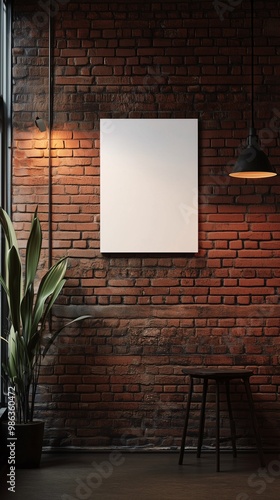 blank canvas frame mockup on red brick wall vintage art gallery style vertical aspect