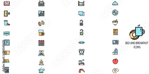Bread and breakfast simple concept 32 colour icons set. Contains such coffee, bread, tea, cereals, jam, milk, orange juice etc .Vector illustration.