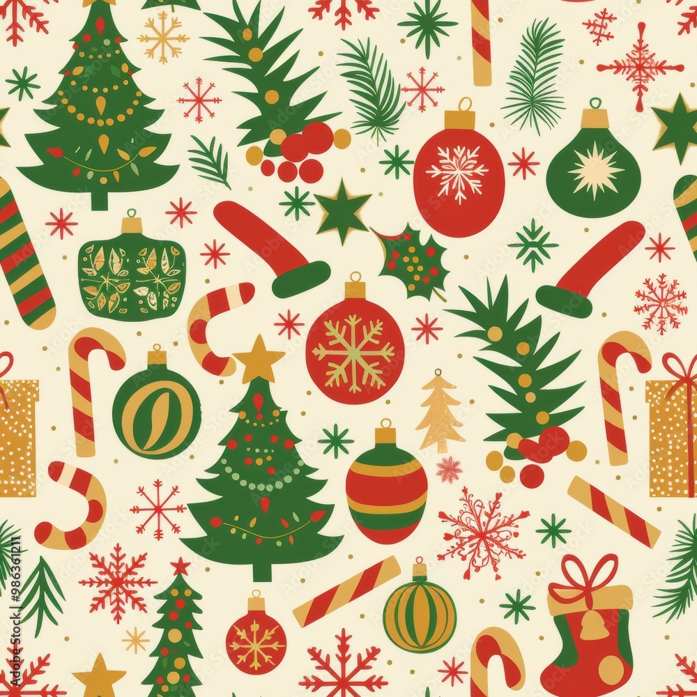 A colorful Christmas scene with a tree, candy cane, and other decorations A colorful Christmas scene with a tree, candy cane, and other decorations