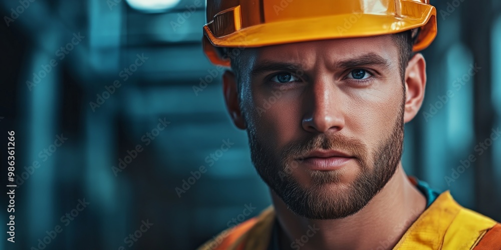 A focused construction worker in a hard hat looks directly at the camera. His serious expression shows dedication to his job. The image captures the essence of safety A focused construction worker in a hard hat looks directly at the camera. His serious expression shows dedication to his job. The image captures the essence of safety