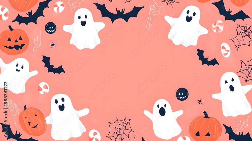 A playful Halloween-themed background featuring ghosts, bats, pumpkins, and candy on a pink backdrop. A playful Halloween-themed background featuring ghosts, bats, pumpkins, and candy on a pink backdrop.