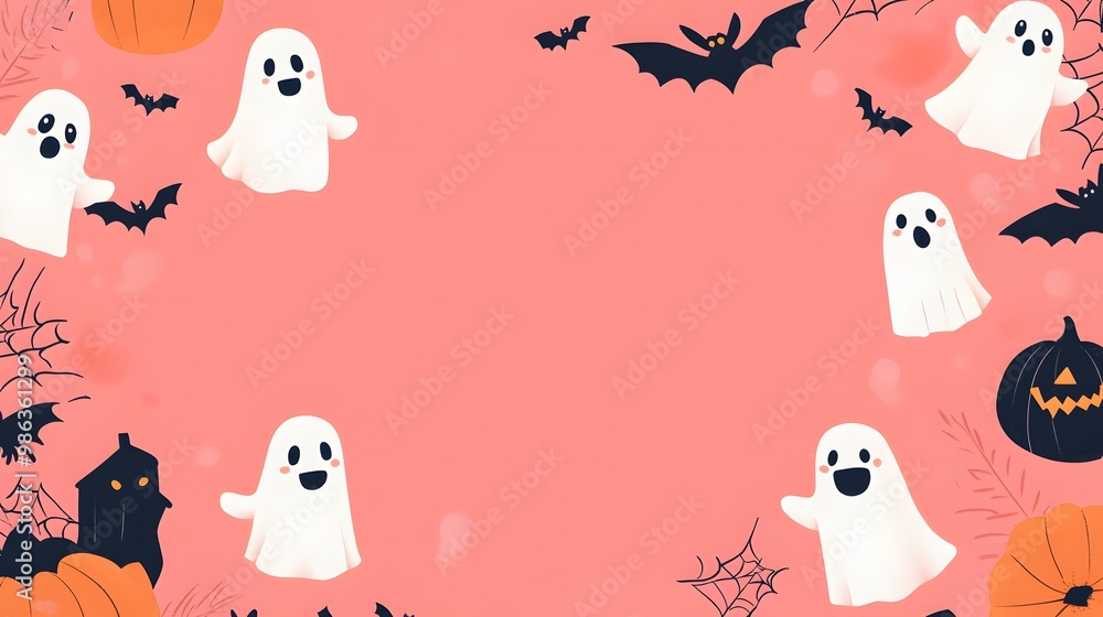 Cute cartoon ghosts and bats surround a pink background, creating a playful and spooky Halloween theme. Cute cartoon ghosts and bats surround a pink background, creating a playful and spooky Halloween theme.