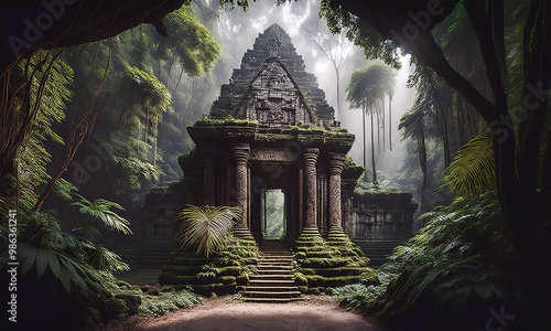 A dark and mysterious ancient temple deep within a dense jungle
