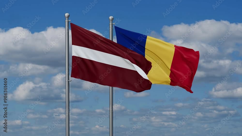 Romania and Latvia flags flying together, video concept of the relationship, two country cooperation concept Romania and Latvia flags flying together, video concept of the relationship, two country cooperation concept