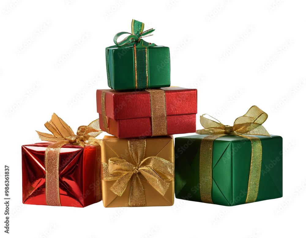 Fototapeta premium Colorful stack of Christmas gifts wrapped in festive paper and ribbons, perfect for holiday celebrations and gift-giving inspiration.