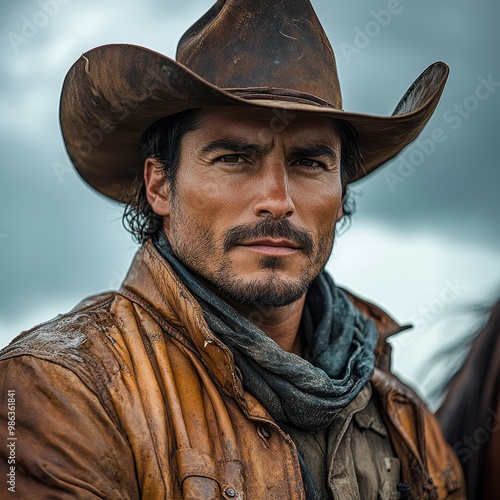 Cinematic Close-Up Portrait of a Handsome Mexican Cowboy in a Brown Leather Hat and Jacket, Sitting on His Horse Against a Dramatic Stormy Sky

