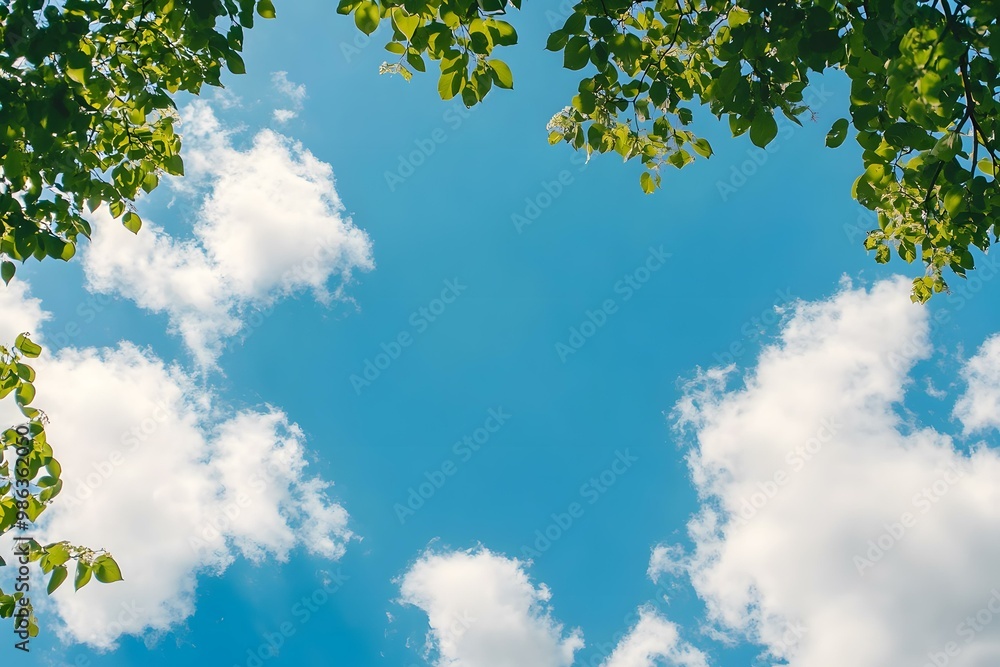 Blue Sky with White Clouds and Green Tree Leaves Blue Sky with White Clouds and Green Tree Leaves
