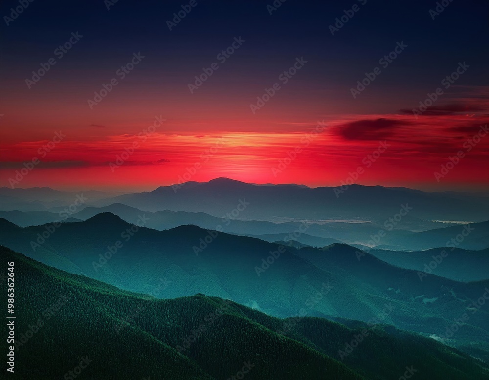 Obraz premium Vibrant sunset over green and red mountain landscape