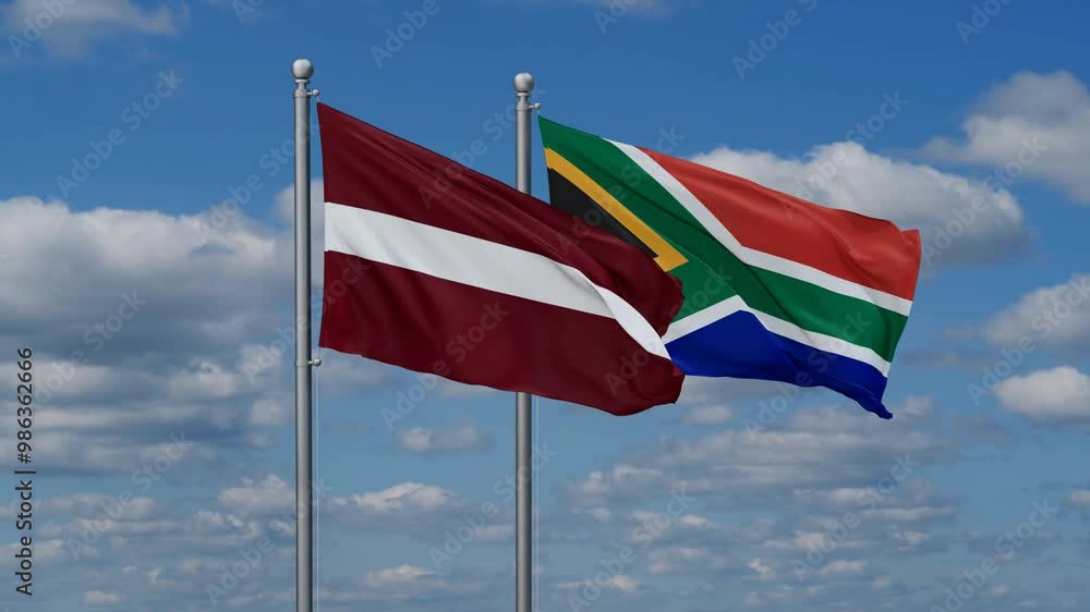 Republic of South Africa and Latvia flags flying together, video concept of the relationship, two country cooperation concept Republic of South Africa and Latvia flags flying together, video concept of the relationship, two country cooperation concept
