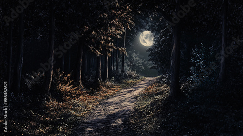 Shadowy pathway through a forest lit only by the moon photo