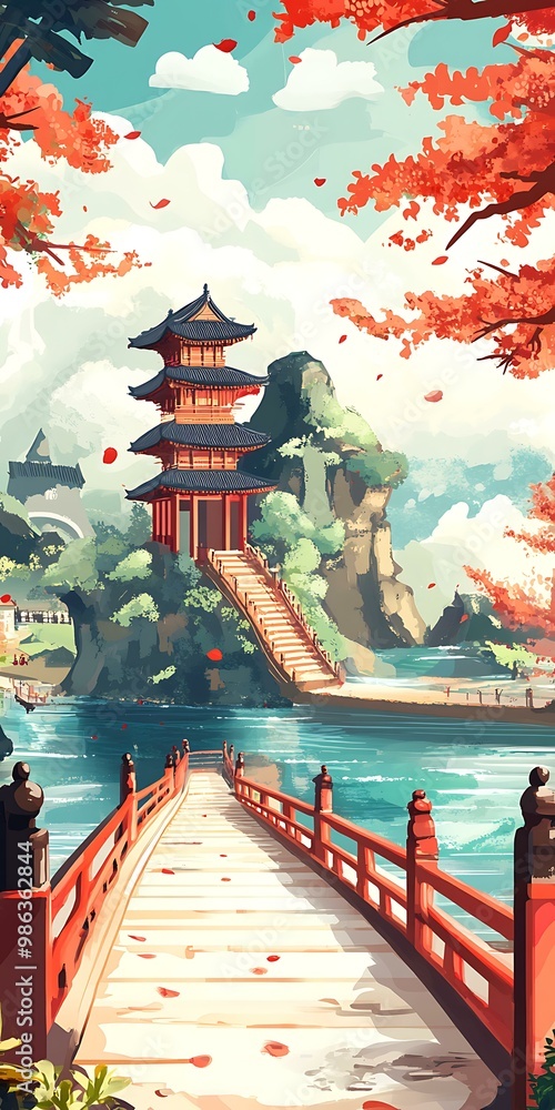 Obraz premium Japanese Style Pagoda Landscape with Cherry Blossoms