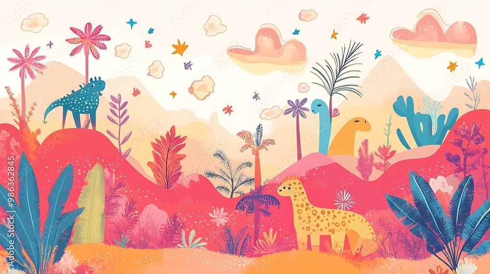 Fototapeta premium Colorful Cartoon Illustration of Dinosaurs in Jungle