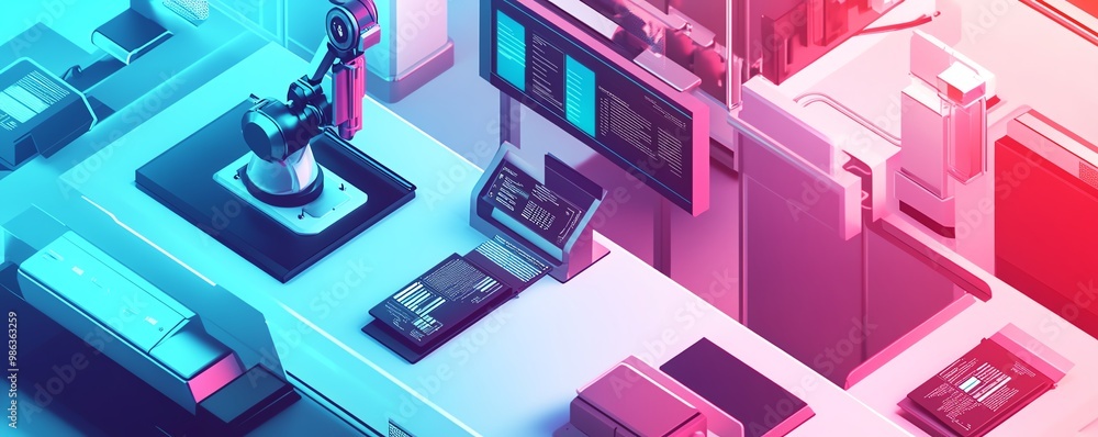 Futuristic workspace with robotic arm Futuristic workspace with robotic arm