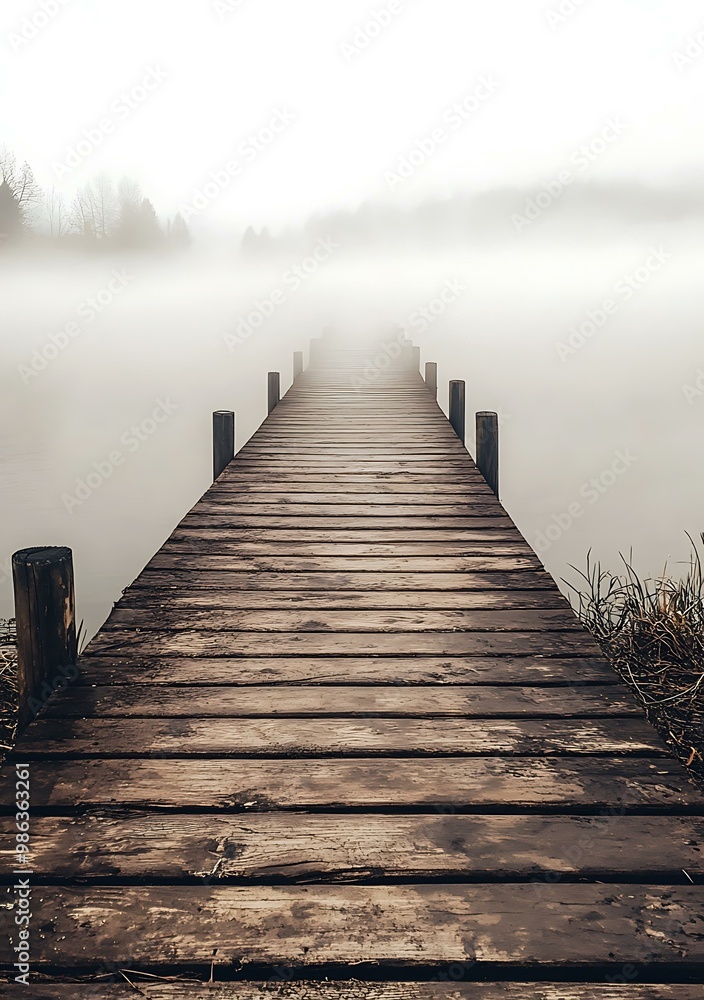 Obraz premium Wooden Dock Leading Into Foggy Lake