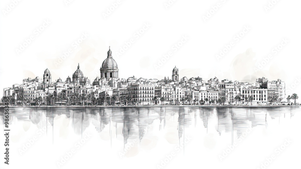 Obraz premium Murcia, Spain, black and white pen pencil hand-drawn effect drawing illustration for travel poster, card, wallpaper, backdrop or banner. Modern, clear, artistic and simple
