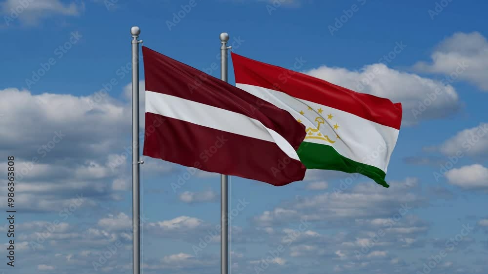 Tajikistan and Latvia two flags waving together, video concept of the relationship, two country cooperation concept Tajikistan and Latvia two flags waving together, video concept of the relationship, two country cooperation concept