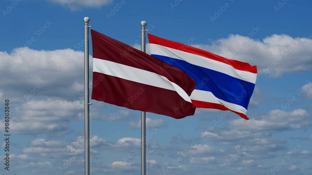 Kingdom of Thailand and Latvia flags flying together, video concept of the relationship, two country cooperation concept Kingdom of Thailand and Latvia flags flying together, video concept of the relationship, two country cooperation concept