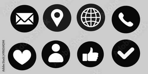 8 Set of Email, Location, Web, Phone, Love, human, like, Checkmark, icons silhouette vector style with white background Art & Illustration