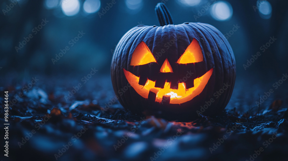 Naklejka premium Scary face glowing from inside a carved pumpkin on a dark night