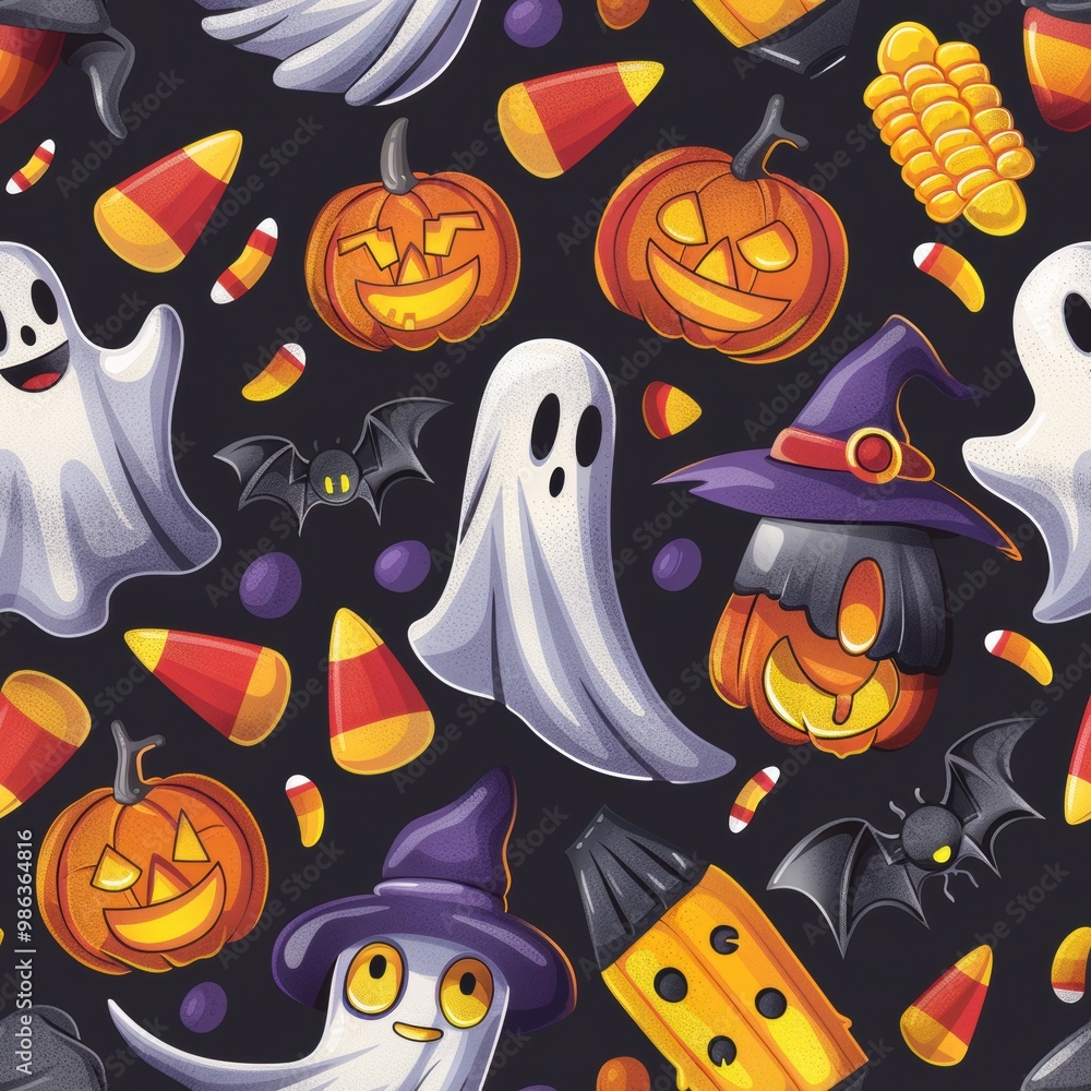 A Halloween themed pattern with ghosts, bats, and pumpkins A Halloween themed pattern with ghosts, bats, and pumpkins