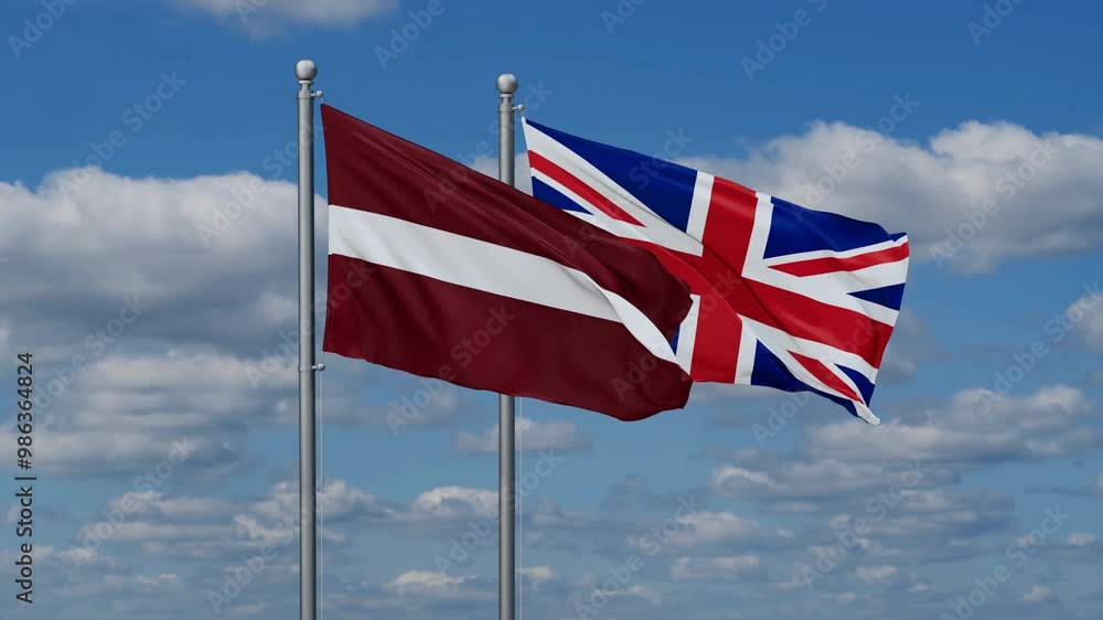 United Kingdom and Latvia flags flying together, video concept of the relationship, two country cooperation concept United Kingdom and Latvia flags flying together, video concept of the relationship, two country cooperation concept