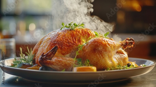 Wallpaper Mural A perfectly roasted whole chicken with golden-brown crispy skin, with steam and smoke curling up, placed on a large platter, garnished with herbs. Torontodigital.ca