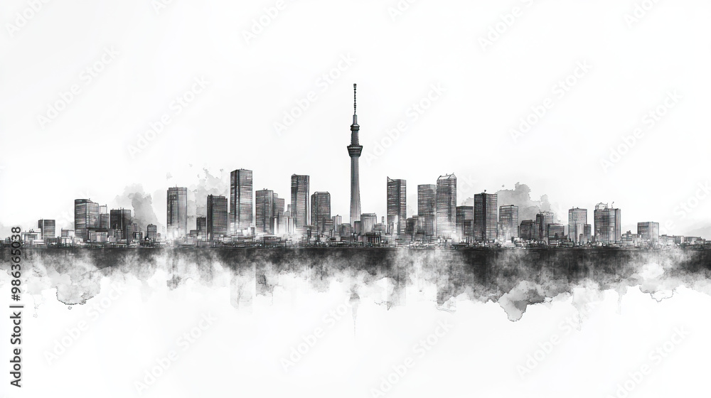 Obraz premium Nagoya, Japan, black and white pen pencil hand-drawn effect drawing illustration for travel poster, card, wallpaper, backdrop or banner. Modern, clear, artistic and simple