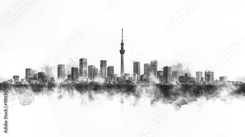Wallpaper Mural Nagoya, Japan, black and white pen pencil hand-drawn effect drawing illustration for travel poster, card, wallpaper, backdrop or banner. Modern, clear, artistic and simple Torontodigital.ca