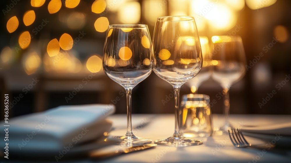 Glasses placed on restaurant table with table coordination setup and sparkling bokeh background Glasses placed on restaurant table with table coordination setup and sparkling bokeh background