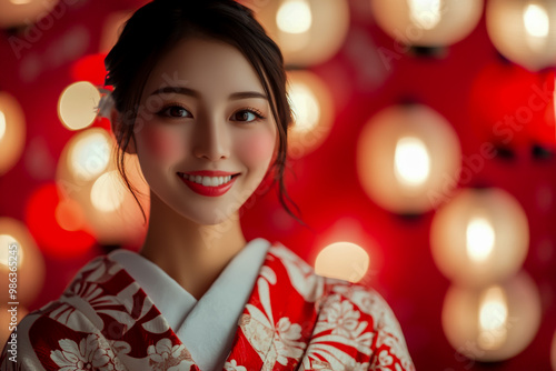 A beautiful Japanese woman wearing a kimono is smiling at the camera