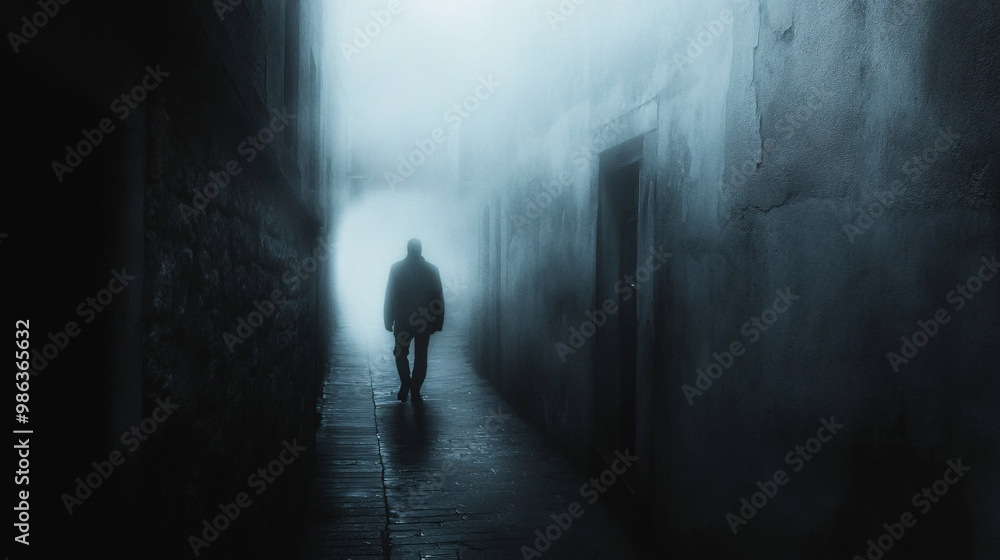 Creepy shadow figure moving through a foggy alleyway Creepy shadow figure moving through a foggy alleyway