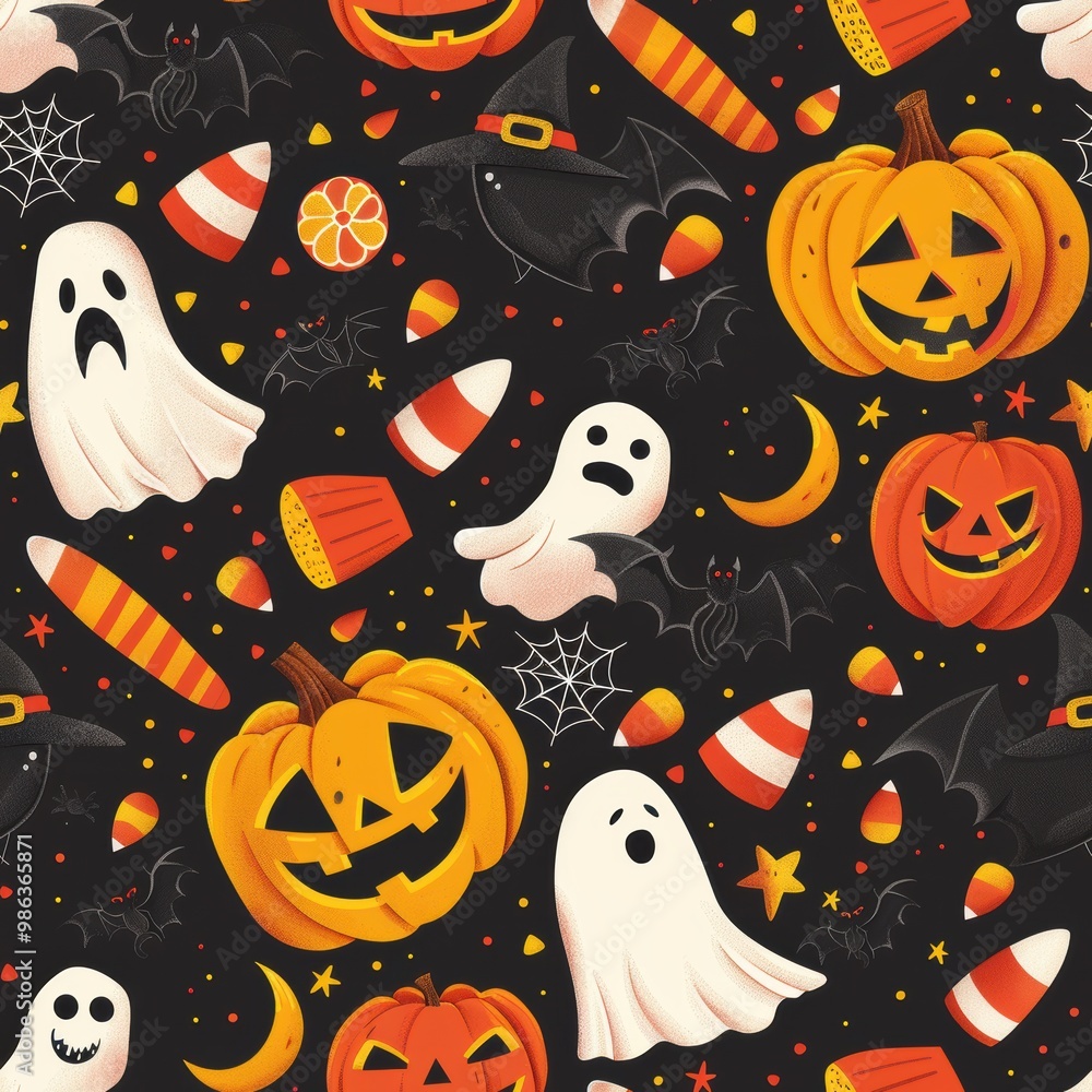 A Halloween themed pattern with ghosts, bats, and pumpkins