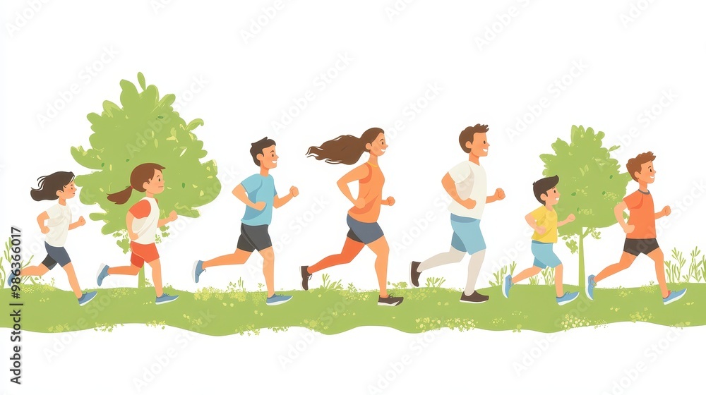 Illustration of a diverse group of people jogging outside, showcasing a fun and active lifestyle in a bright, colorful setting. Illustration of a diverse group of people jogging outside, showcasing a fun and active lifestyle in a bright, colorful setting.